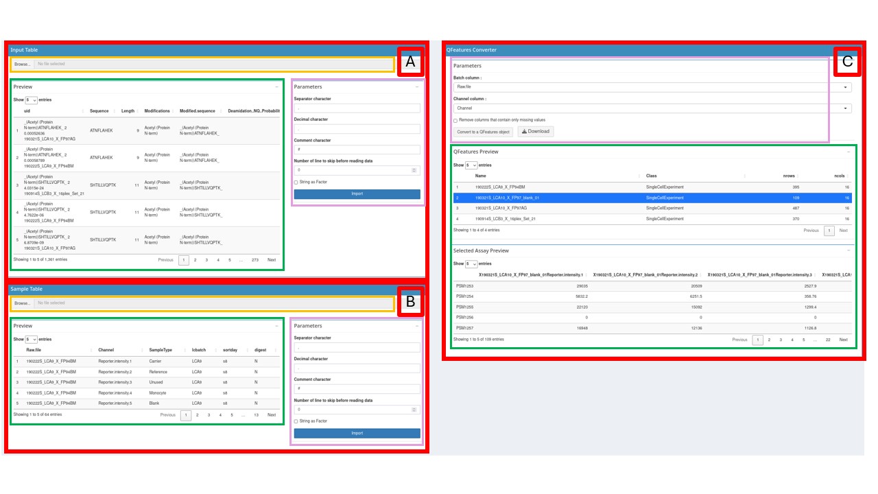 A view of the import section. Divided into three different boxes; Input Table, Sample Table and QFeatures Converter