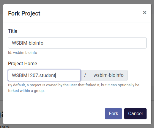 Forking the WSBIM-bioinfor renku project page.