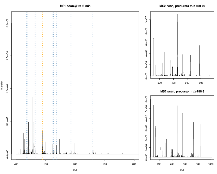 Parent ions in the MS1 spectrum (left) and two sected fragment ions MS2 spectra (right).