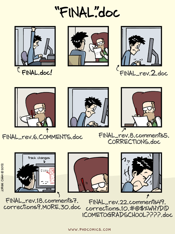 The 'notFinal.doc' [PhD Comic](https://phdcomics.com/comics/archive.php?comicid=1531), describing the very real struggle with trying to handle version with file names.