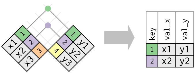 An inner join matches pairs of observation matching in both tables, this dropping those that are unique to one table. Figure taken from *R for Data Science*.