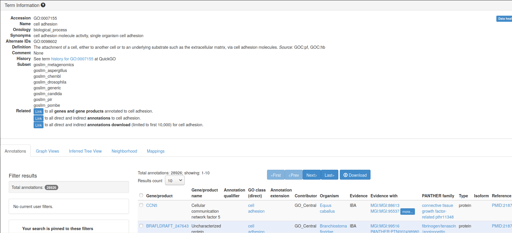 Gene ontology entry for the GO term for cell adhesion.