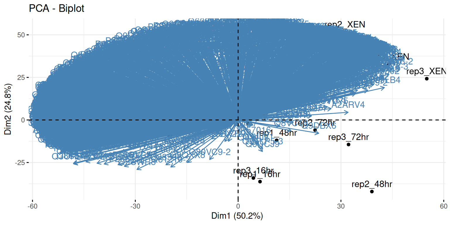 Biplot and variables PCA plot of the `mulvey2015_se` data.